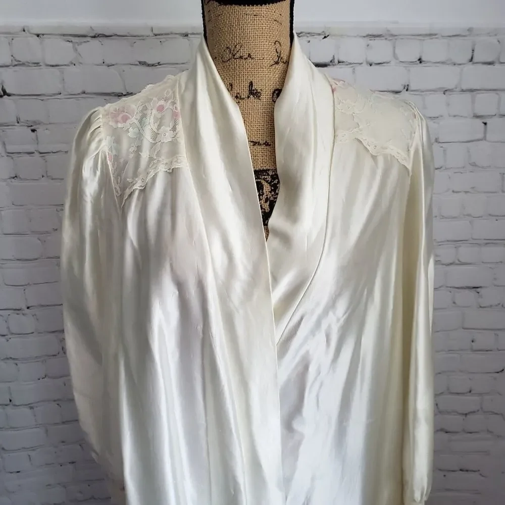 Vintage 70s Barad Cream Robe House Coat Bridal Robe Long Sleeve Long Length - Picture 3 of 13